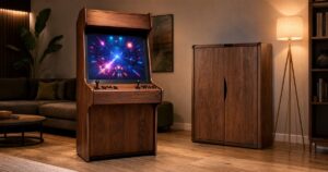 Swap Arcade foldaway wood arcade cabinet in a living room