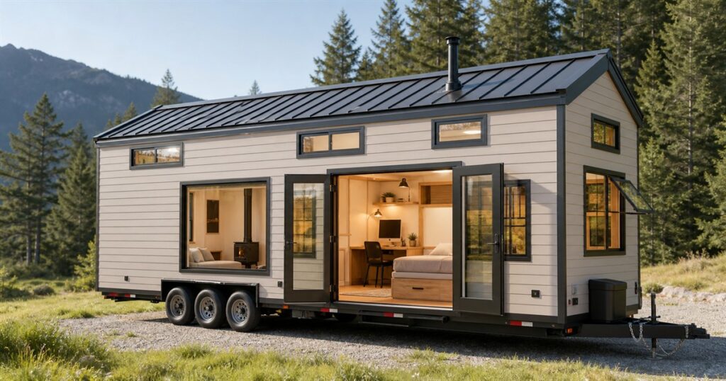Modern 30-foot tiny house on wheels with white siding and black metal roof