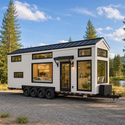 Square thumbnail of a modern tiny house on wheels
