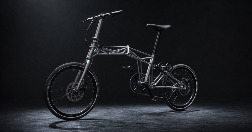 Tetra tubular space-frame folding bike in a dark studio setting