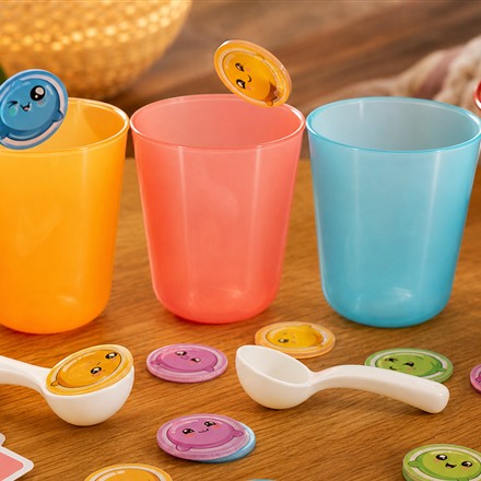 Close view of Boba Blast cups tokens and spoon launchers