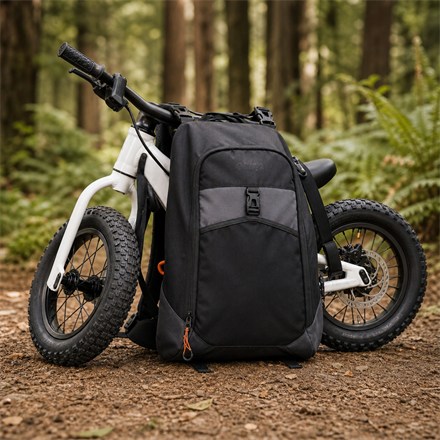 Generated square product image of the Uplift backpack carrying a balance bike