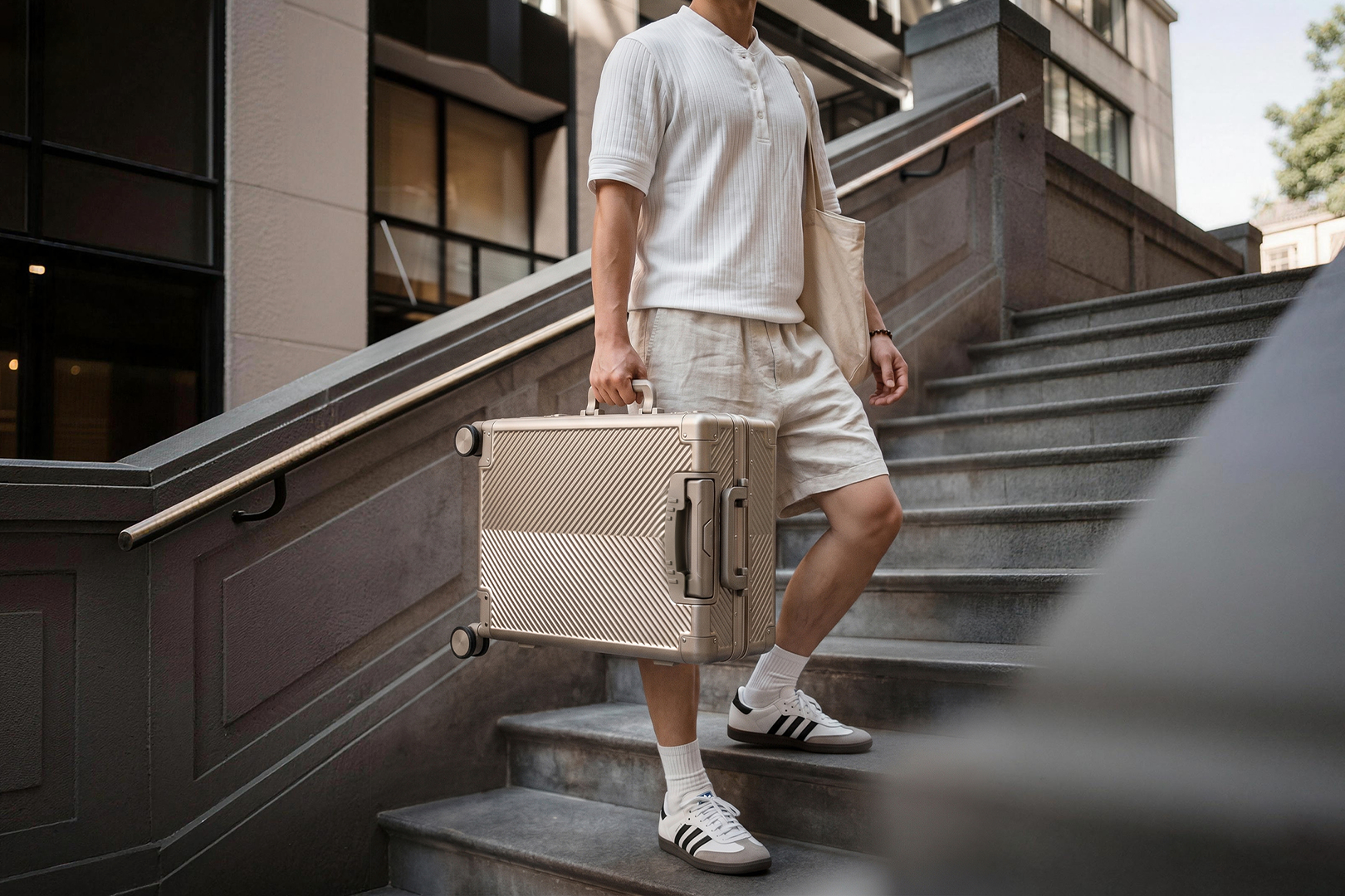Titaner Voyager titanium carry-on with water beading across the ribbed shell in the rain