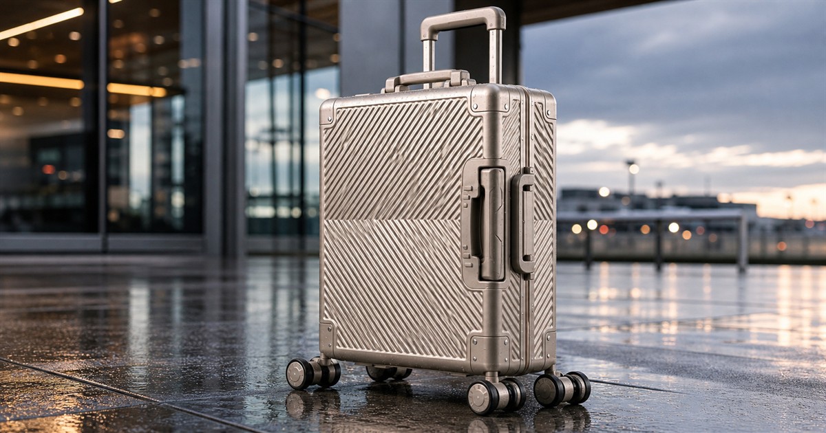 Titanium carry-on suitcase with modular wheels and a ribbed waterproof shell