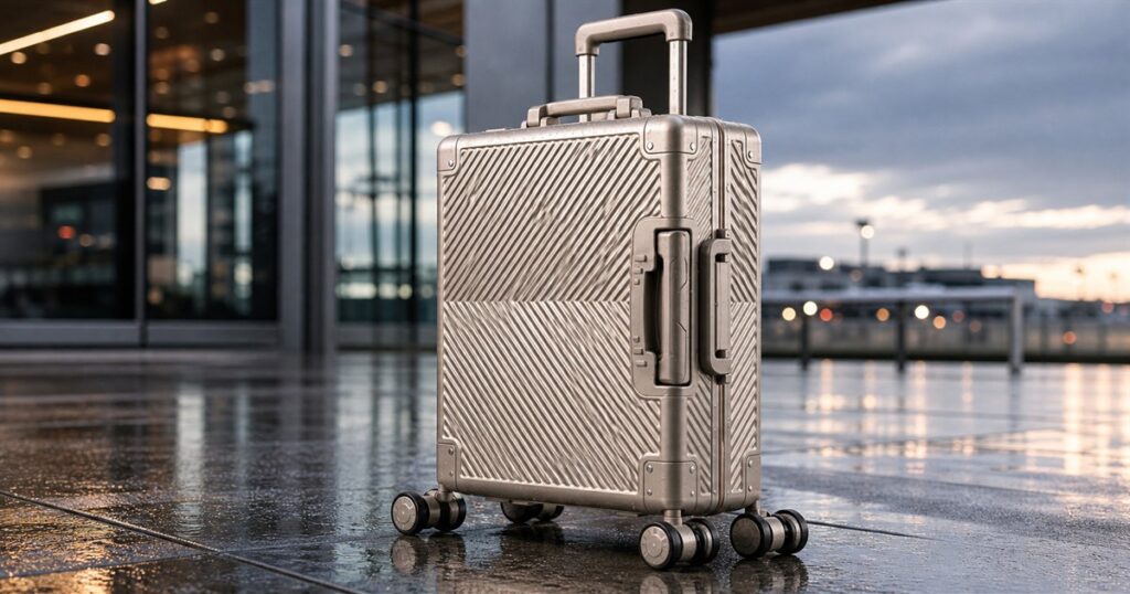 Waterproof titanium carry-on suitcase with ribbed metal shell on wet travel pavement