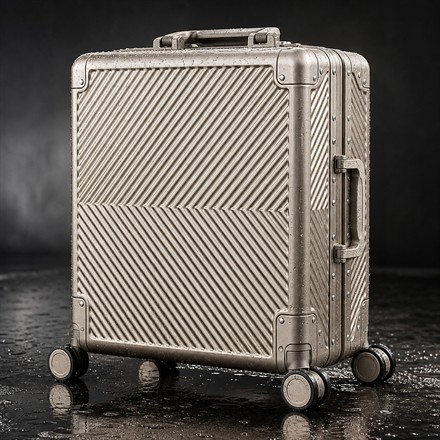 Square thumbnail of a ribbed titanium carry-on suitcase with reinforced corners