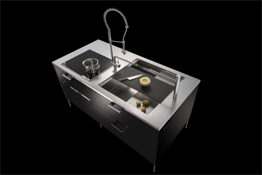CORE kitchen top view showing the Parallelo sink and adjacent cooktop