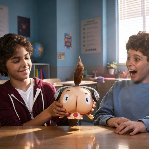 Two kids reacting to Chester Cheeks Butt Face toy on a desk
