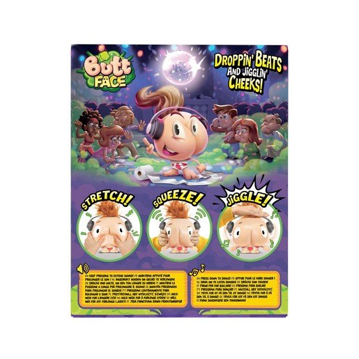 Back of Chester Cheeks Butt Face packaging showing stretch squeeze and jiggle features