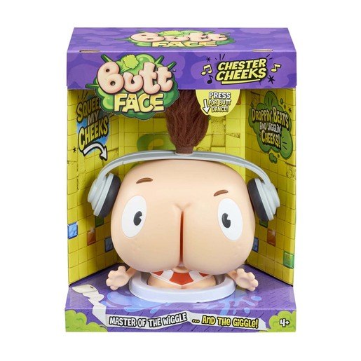 Chester Cheeks Butt Face toy shown inside its colorful retail packaging