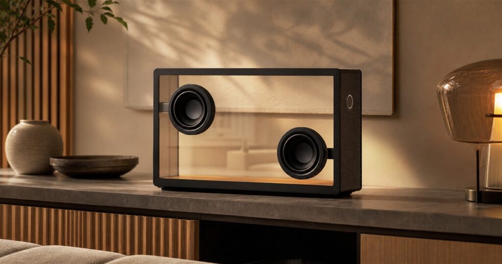 Transparent lyric speaker with visible circular drivers on a modern console