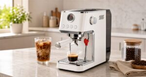 TUNI E2 Gen3 compact white espresso machine on a kitchen counter with espresso and iced coffee