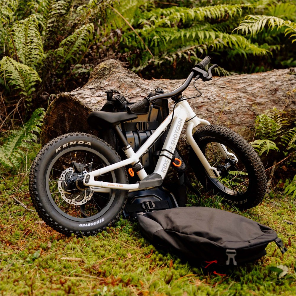 Balance bike secured to the Uplift backpack beside a forest trail log
