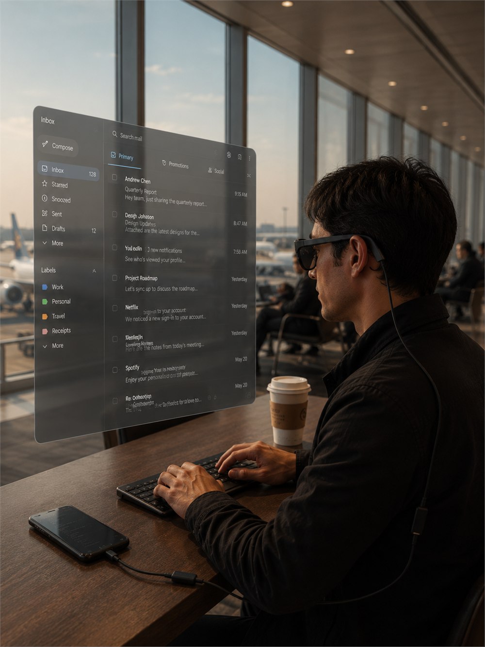 URXR One glasses used in an airport travel workspace