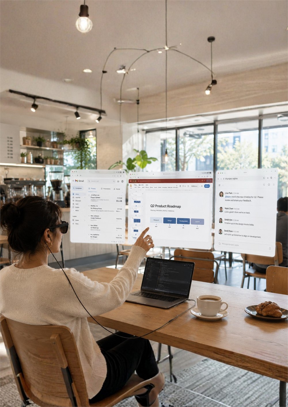 URXR One glasses used for a portable coffee shop workspace