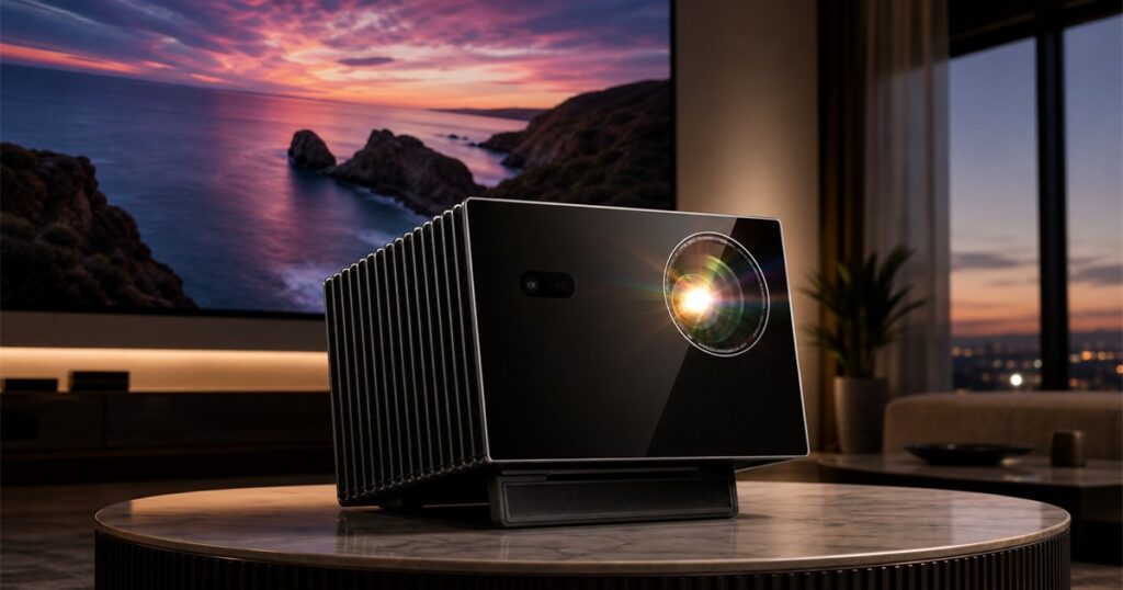 Valerion VisionMaster Max 4K RGB triple laser projector in a home theater scene