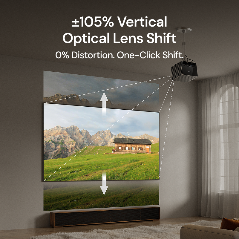 Valerion projector optical lens shift example in a living room