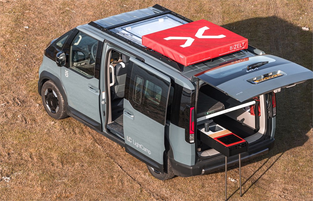 Vantrack LightCamp Kia PV5 electric camper with rooftop tent and rear cook station