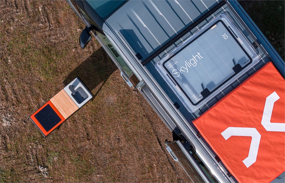 Overhead view of the Vantrack LightCamp skylight and portable cook station