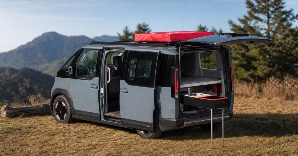Vantrack LightCamp Kia PV5 electric camper conversion with rooftop tent and rear cook station