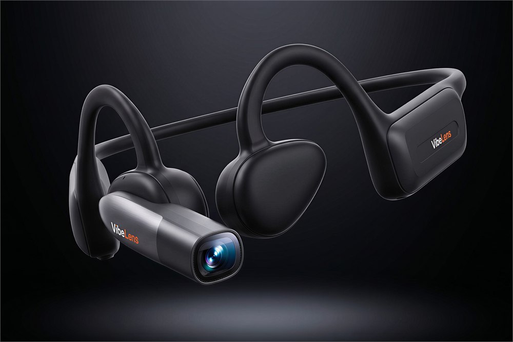 Studio view of the VibeLens MusicCam Pro headset and camera lens