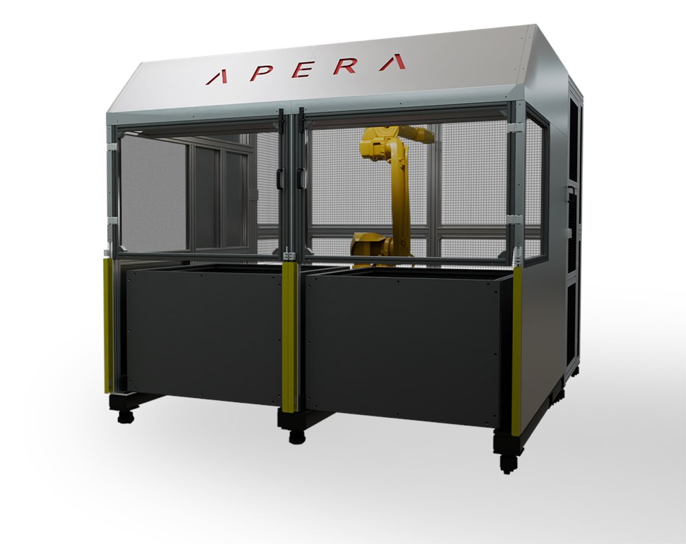 Cutout view of the Apera AI VuePod machine-tending cell showing the robot arm inside