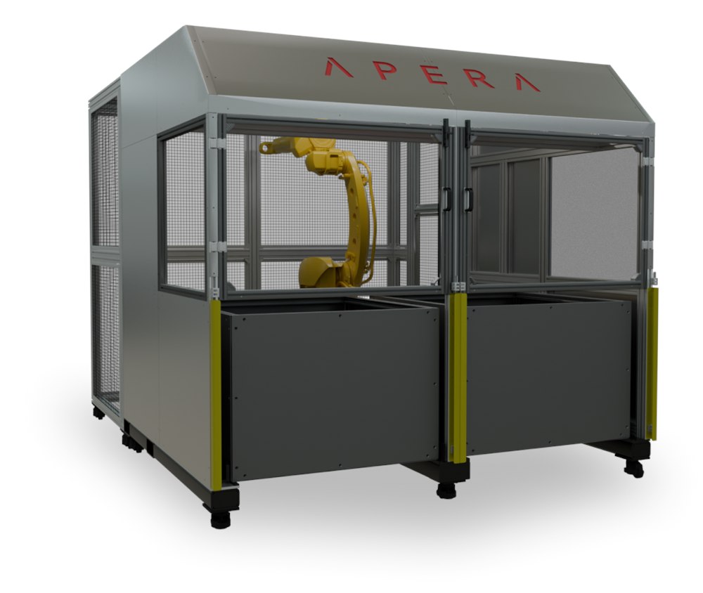 Front view of the Apera AI VuePod robot cell with a gray enclosure and yellow robot arm