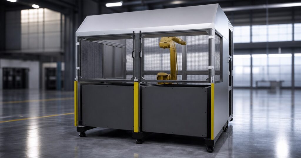 Apera AI VuePod self-contained bin-picking robot cell in an industrial setting