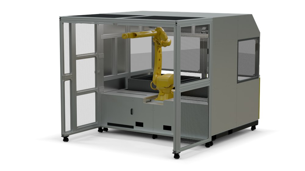 Rear view of the Apera AI VuePod robot cell with mesh panels and internal robot arm