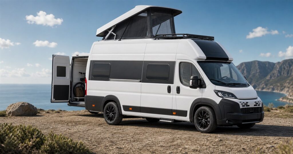 Generated no-text image of the Westfalia Columbus Liner camper van with raised roof