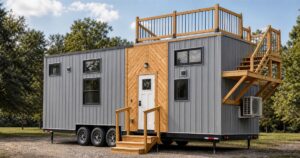 AI-generated editorial image of the Backcountry White Pine tiny house with rooftop terrace