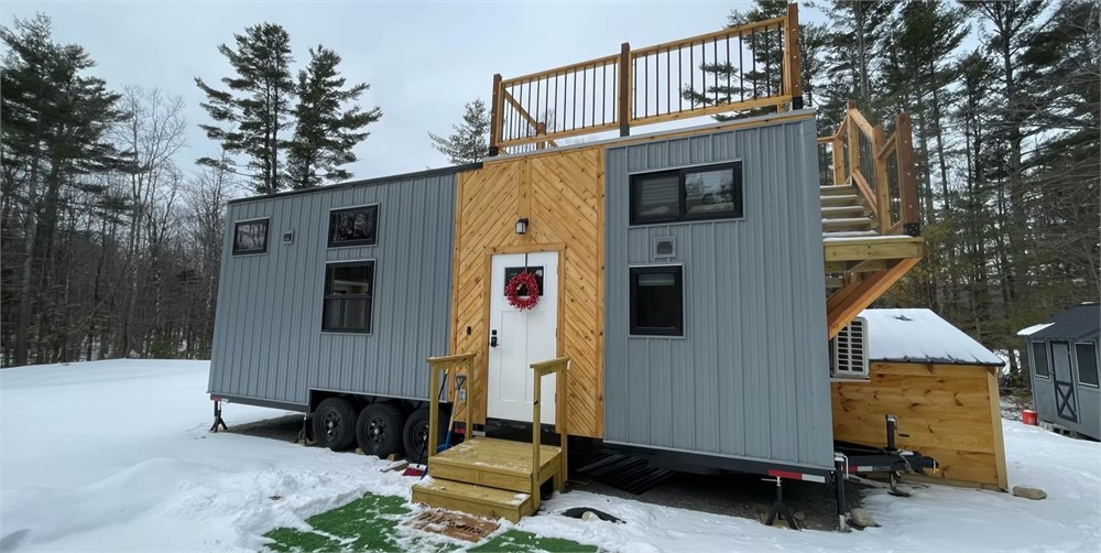 Backcountry White Pine tiny house with rooftop terrace and exterior stairs