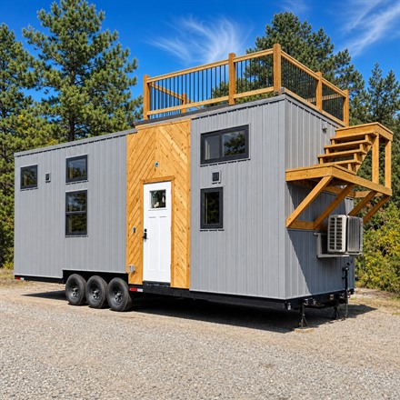 AI-generated square thumbnail of the Backcountry White Pine tiny house rooftop terrace