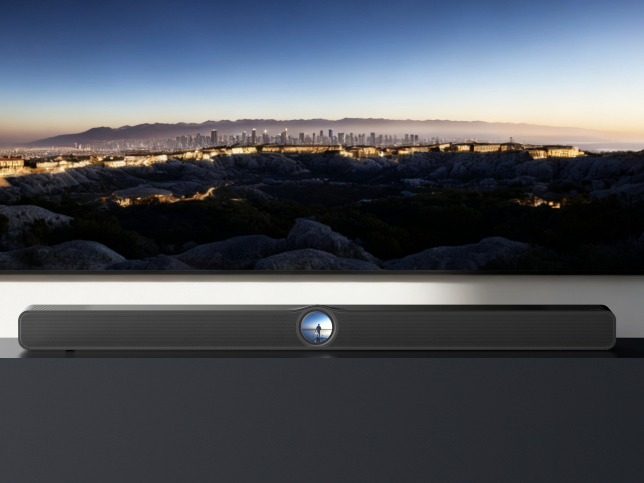 Close view of the WiiM Bar circular touch display