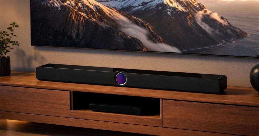 WiiM Bar touch display Dolby Atmos soundbar on a wood media console