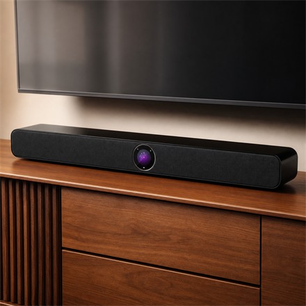 WiiM Bar soundbar with circular front touch display
