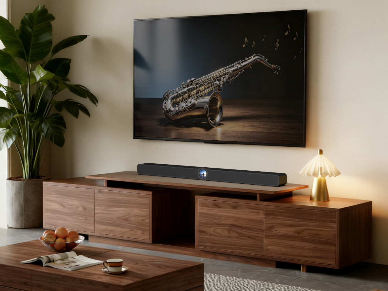 WiiM Bar soundbar shown with matching wireless surround speakers