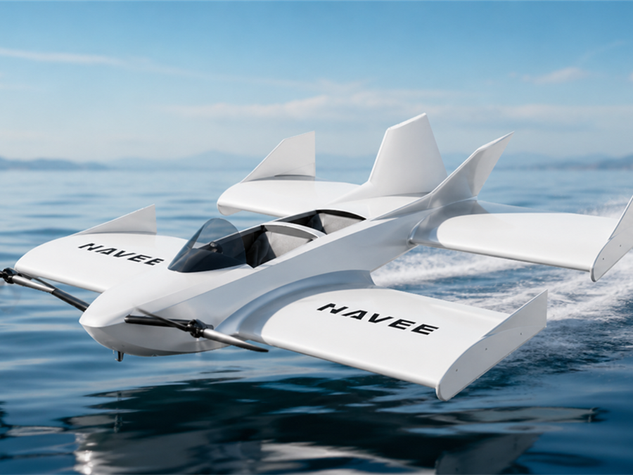 White wing-in-ground watercraft skimming just above open water