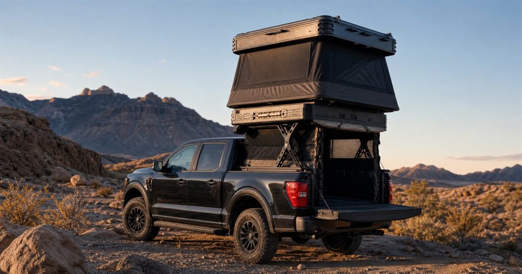 Generated no-text editorial image of the Wingman two-story pickup camper deployed on a rugged campsite