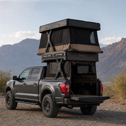 Generated no-text square image of the Wingman pickup camper deployed on a truck