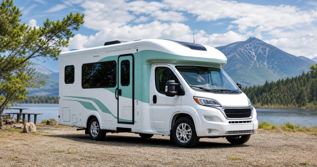 Generated no-text image of the Winnebago Elora/Resa compact Class C RV at a scenic campsite