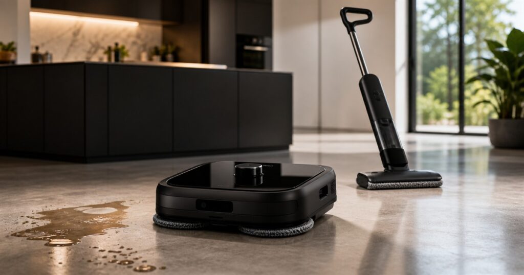 xLean TR1 dual-form floor washing robot in a modern home