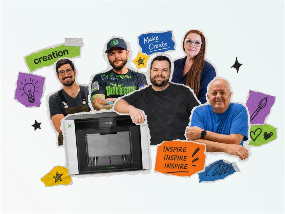 xTool O1 Omni printer shown with makers and sample printed projects