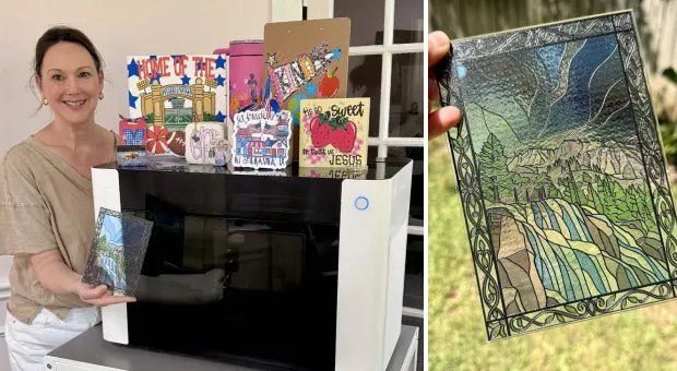 xTool O1 Omni printer beside a colorful printed art panel