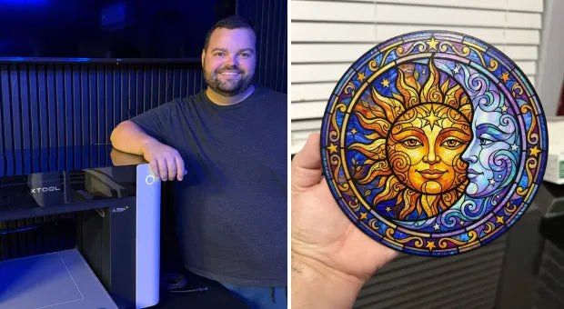 xTool O1 Omni printer with a custom sun design sample