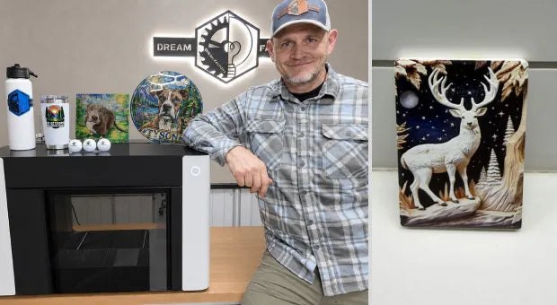 xTool O1 Omni printer with custom printed hard goods and artwork