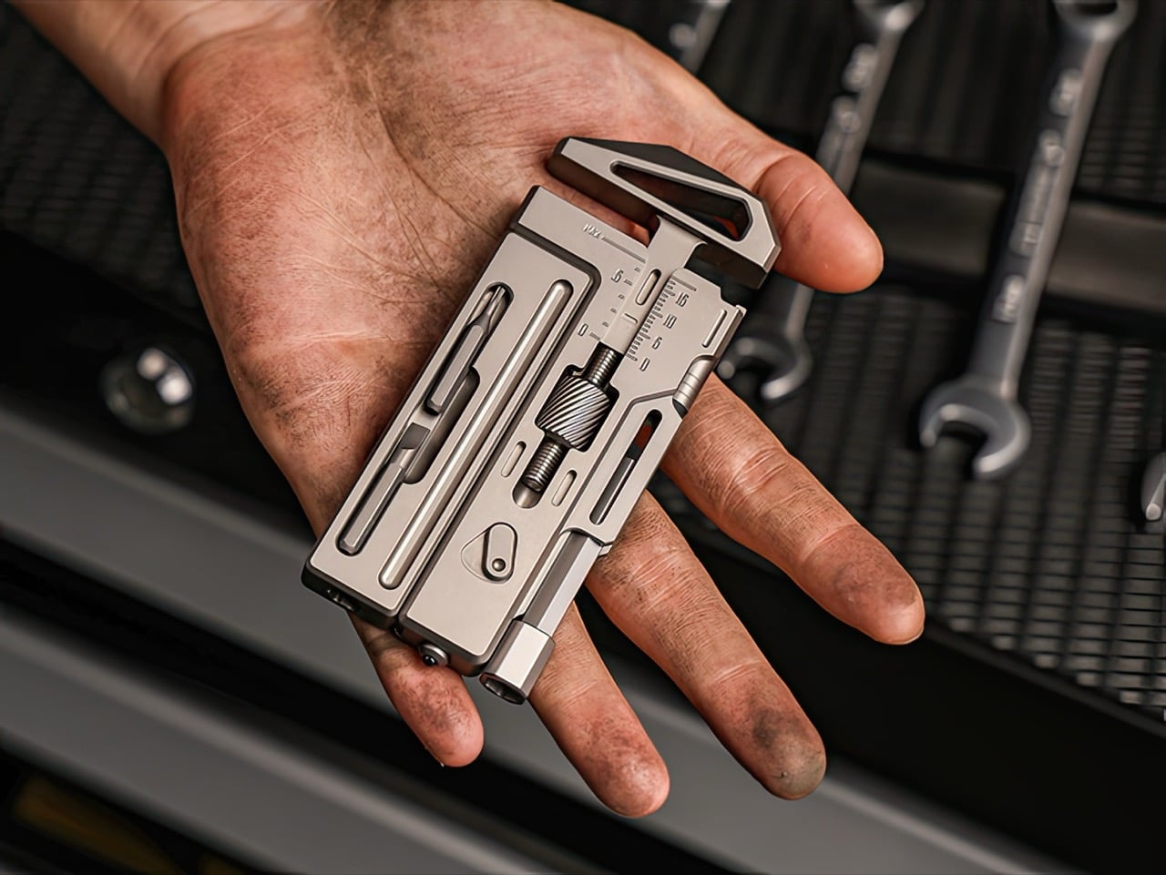 Palm-sized titanium multitool wrench held in a hand
