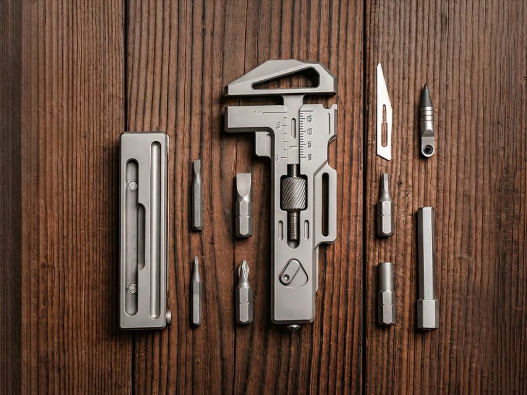 Titanium multitool wrench with screwdriver bits scalpel blade and accessories laid out