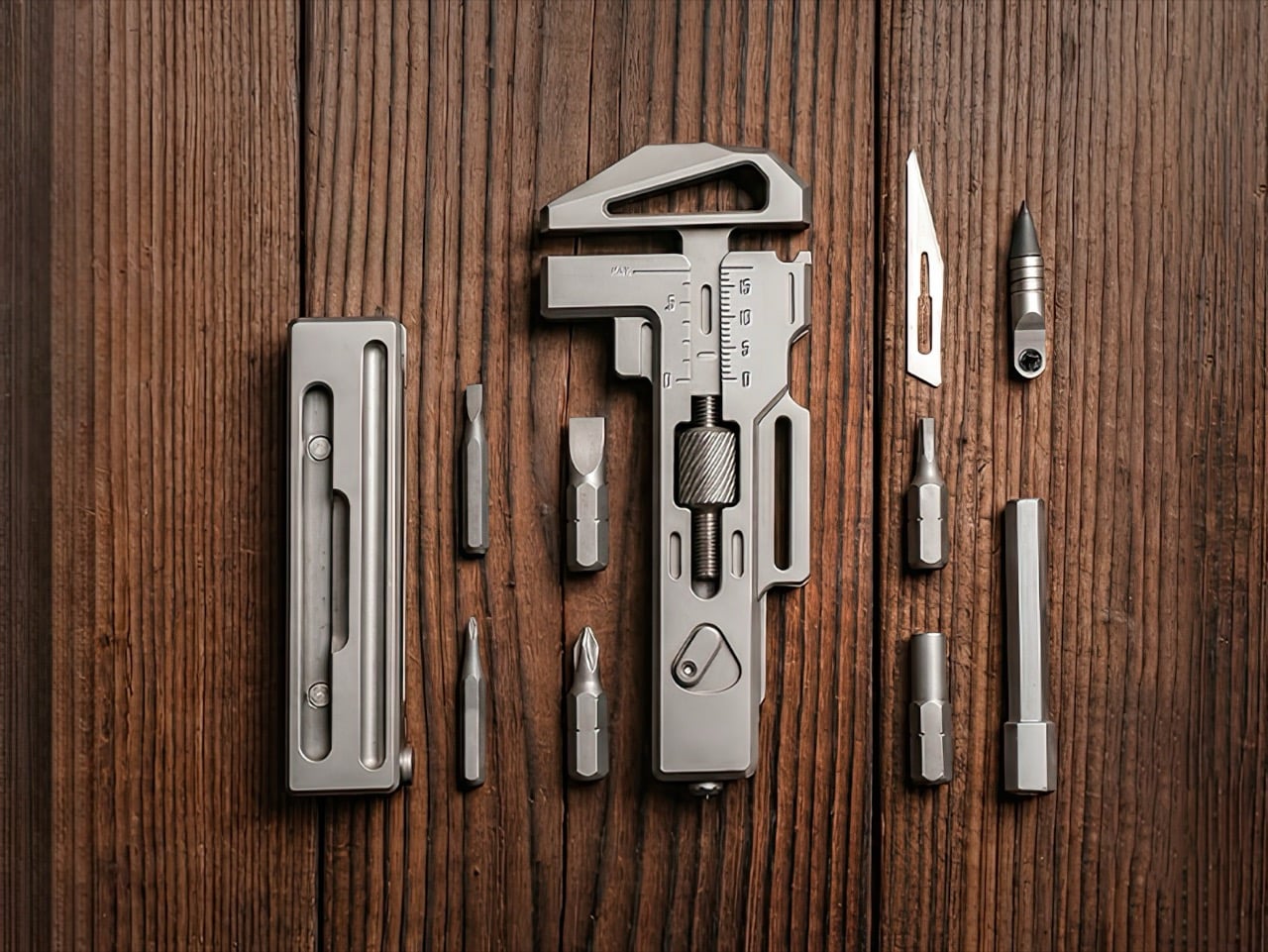 Titanium multitool wrench with screwdriver bits scalpel blade and accessories laid out