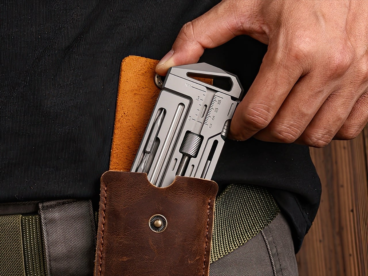 Titanium multitool wrench sliding into a small leather sheath